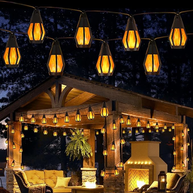 Solar String Lights for Outside, 33Ft Solar Patio Light with 15 Flickering Flame Light Bulbs, Waterproof Warm White Solar Powered Outdoor Lights for Garden Yard Patio Gazebo Bistro Cafe Party Decor