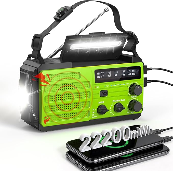 Emergency Weather Radio, 22200mWh Hand Crank Emergency Radio with NOAA/AM/FM, Dual USB Output for Family, 3-Mode Flashlight & SOS Alarm, Portable Solar Crank Radio for Emergency Supplies Survival Gear