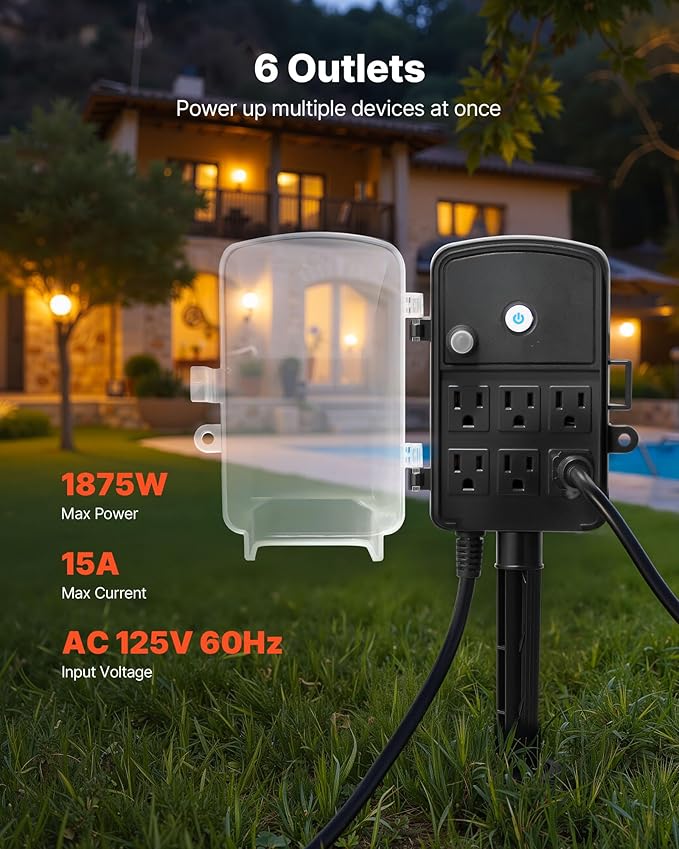 VEVOR Outdoor Power Stake Waterproof, 25 FT Extension Cord, Outdoor Power Strip, Weatherproof with Cover and Overload Protection, 6 Outlets, 15A/1875W for Halloween/Christmas Lights Decorations