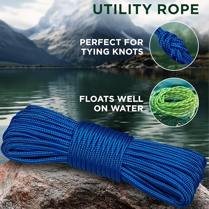 TECEUM Rope – 90 Feet x 1/4 Inch (7mm) – Blue – Strong All-Purpose Utility Rope – Camping, Crafting, Flag Pole, Indoor & Outdoor – Polypropylene Nylon Poly Lightweight Diamond Braided Cord
