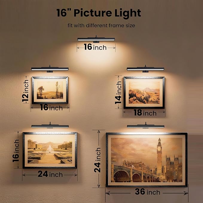 Dimmable Cordless Picture Light for Wall 16n, 5000mAh Rechargeable Battery Wall Sconce Art Light, CRI 95+ 350LM Wall Light for Gallery Artwork, Paintings, Photo, Portraits - Black