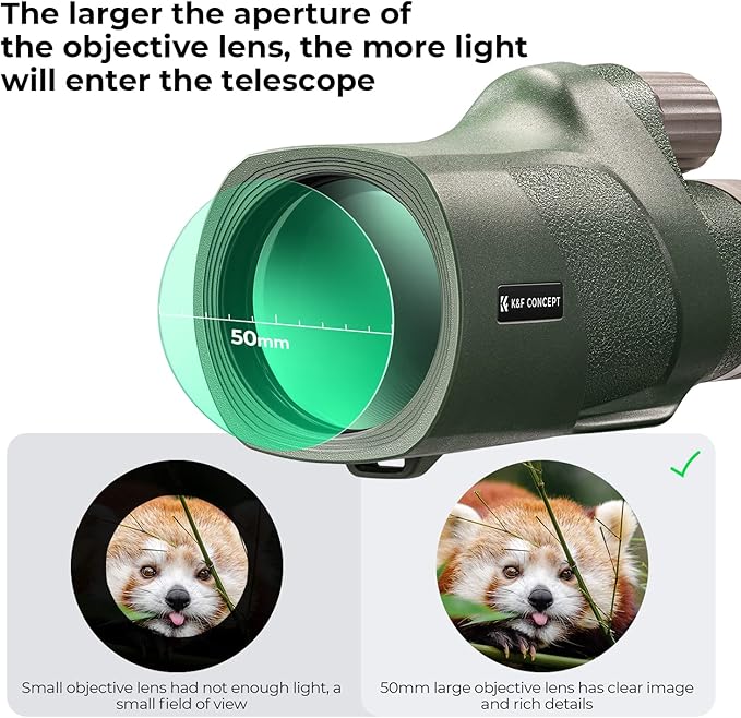 K&F Concept® 12X50 Monocular Telescope with Cleaning Cloth, FMC Lens & BAK4 Prism Telescopes for Adults, Sky Captain HD Monocular for Bird Watching Hunting Hiking Camping Travelling