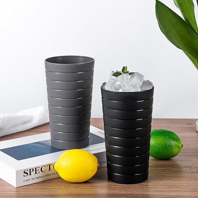 KX-WARE Mixed Drinkware 22-ounce Plastic Tumblers/Drinking Glasses/Party Cups/Iced Tea Glasses Set of 12 Grey Stone | Unbreakable, Dishwasher Safe, BPA Free