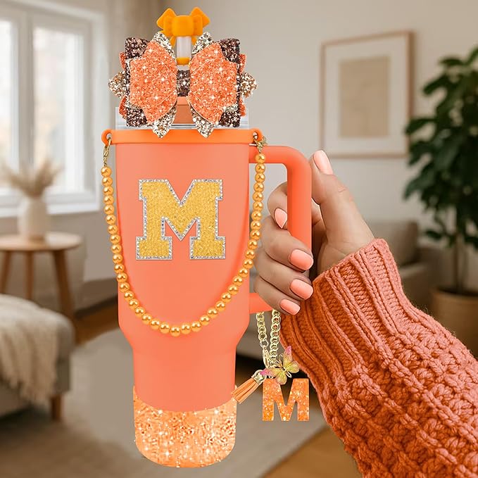 9PCS Orange for Stanley Cup Accessories Set Bling Initials Bow Charms for Stanley Decorations 30/40 Oz Tumbler Accessories Including Bow Straw Topper, Handle Strap, Spill Stopper（Letter M）