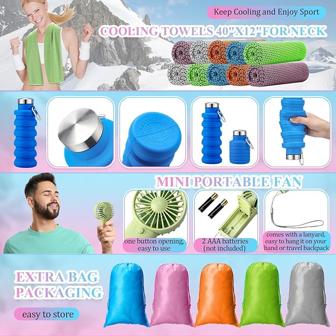 16 Set Theme Park Necessities Cruise Ship Accessory Kit Collapsible Water Bottle Cooling Towel Fan Drawstring Bag for Summer Amusement Park Outdoor Team Travel Cruise Gift Fitness Sport Favor