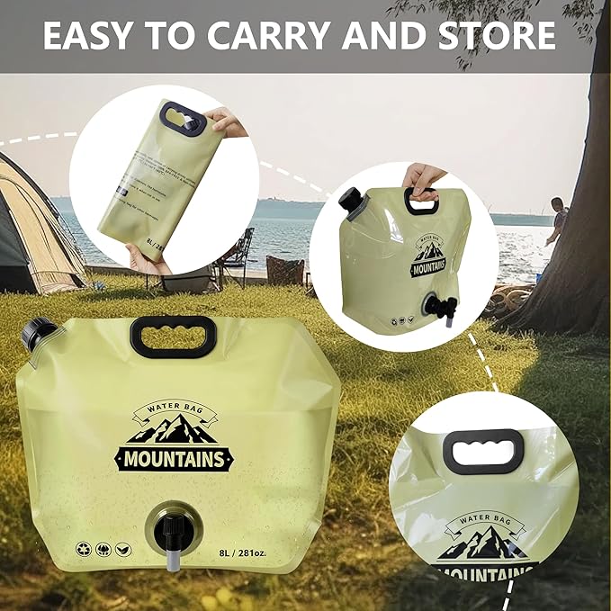 Collapsible 8L Water Storage Bag, BPA-Free Portable Folding Water Jug with Adjustable Faucet, Leakproof Emergency Water Bag for Camping, Hiking, Riding, Outdoor Sport (4, Beige)