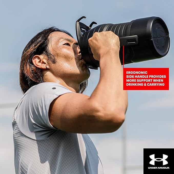 Under Armour Half Gallon Water Bottle Insulated, 64oz Insulated Water Bottle with Handle, Fence Hook, Leak Resistant, for Baseball, Football & More - Jet Grey/Black
