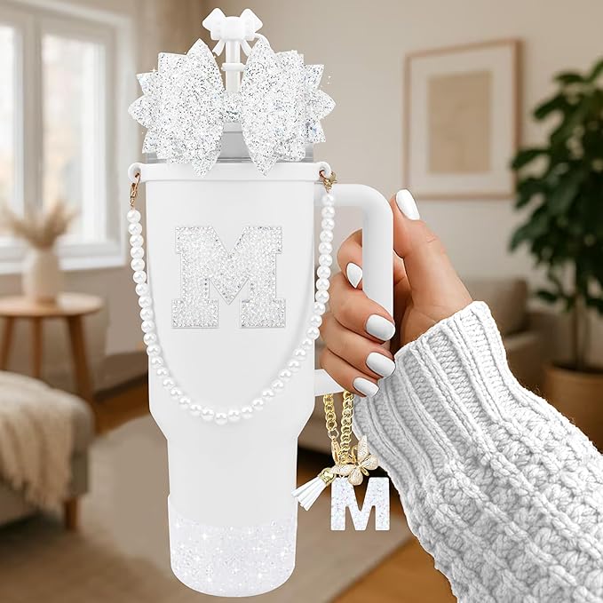 9PCS White for Stanley Cup Accessories Set Bling Initials Bow Charms for Stanley Decorations 30/40 Oz Tumbler Accessories Including Bow Straw Topper, Handle Strap, Spill Stopper（Letter M）