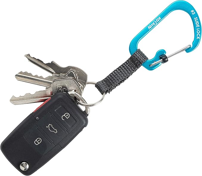 Nite Ize SlideLock Key Ring, Aluminum Locking Carabiner Key Chain with Webbing, Blue