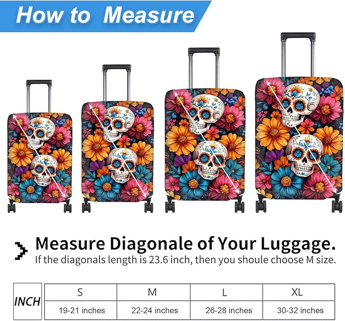 Luggage Cover Protector for 26-28 Inch Suitcases, TSA Approved Elastic Travel Suitcase Covers, Anti-Scratch Washable Luggage Sleeve for Carry On & Checked Bags, Sugar Skulls