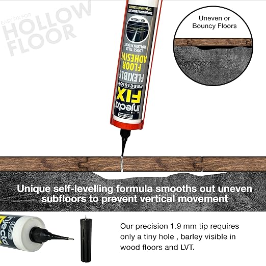 Floor-Fix Pro The Original Adhesive - Extra Strength - Fix Loose & Hollow Tiles, Repair Squeaky Wood Floor - All in One 5/64” Patented Stainless Steel Injection Tip + Anti Clog Cap (10.1 Fl Oz)