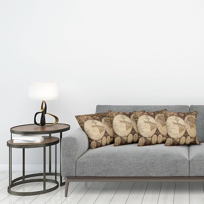 Ambesonne World Map Throw Pillow Cushion Case Pack of 4, Old World Map Drawn in 1720s Nostalgic Style Art Historical Atlas Vintage Design, Modern Accent Double-Sided Digital Printing, 24", Beige Brown