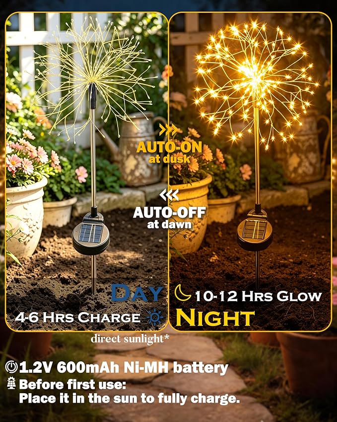 Solar Garden Lights Outdoor Yard Decorations, 4 Pack 150Leds Pathway Light, Fairy Firework Stake Lights for Garden, Patio, Pathway, Flowerbed Gold Color