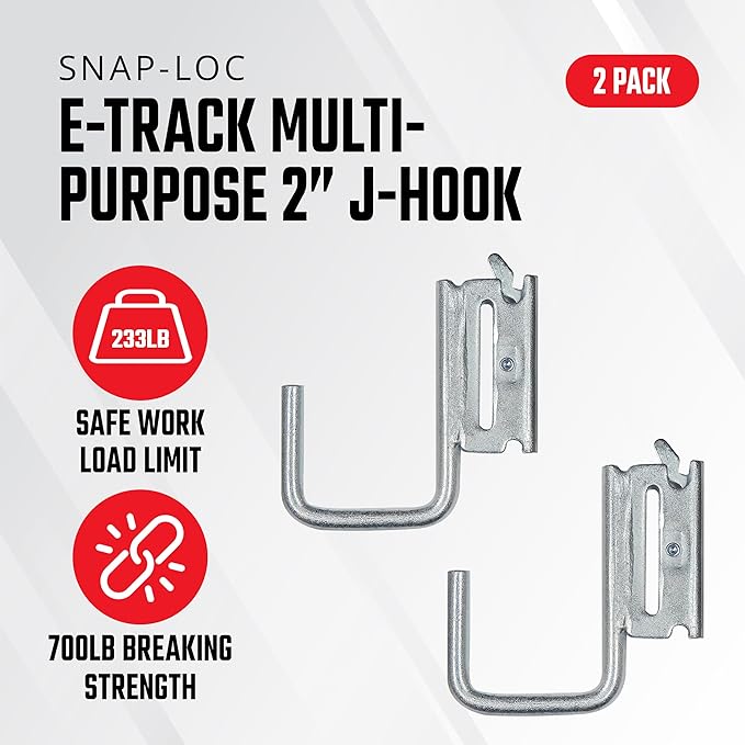 Snap-Loc E-Track Multi-Purpose J-Hook 2 Inch Hanger 2-Pack, Logistic Tie-Down for Pickups, Trucks, Trailers