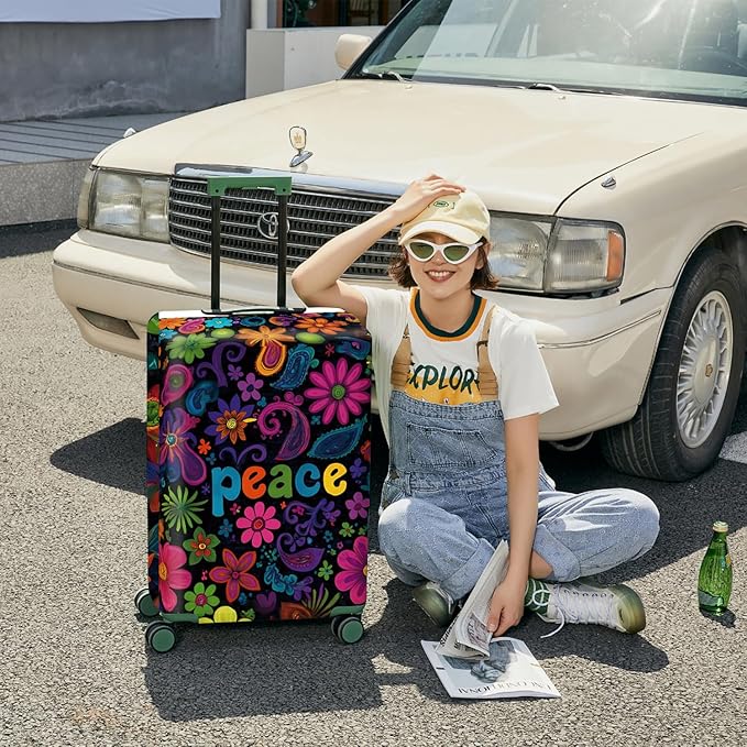 ANNA QUEEN Peace Flowers Travel Luggage Cover -Spring Stretchable Airplane Suitcase Protector Sleeve,Universal Washable Fit for 32-34 Inch Checked Baggage,Water Resistant Durable Luggage Protector