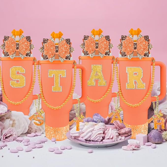 9PCS Orange for Stanley Cup Accessories Set Bling Initials Bow Charms for Stanley Decorations 30/40 Oz Tumbler Accessories Including Bow Straw Topper, Handle Strap, Spill Stopper（Letter A）
