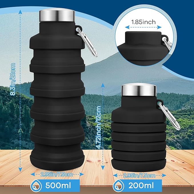Collapsible Water Bottles 17oz, Portable Leak-Proof Travel Water Bottle, Reusable BPA Free Silicone Foldable Water Bottle with Carabiner for Gym, Traveling, Camping, Hiking, Sports(Black+Purple)