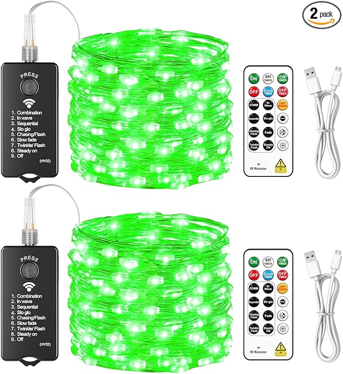 HXWEIYE Rechargeable Fairy Lights with Remote, 2 Pack 33ft 100LED Twinkle Lights with DIY Timer & Light Sensor, Waterproof Outdoor String Lights for Bedroom Patio Christmas Tree Decor, Green
