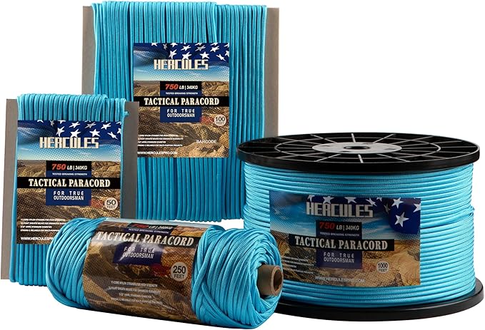 HERCULES 750lb Paracord 4mm 11 Strands Tactical Parachute Cord, 50' 100' 250' 1000' Utility Rope for Camping, Survival, Outdoor Gear (Sky Blue, 250FT)