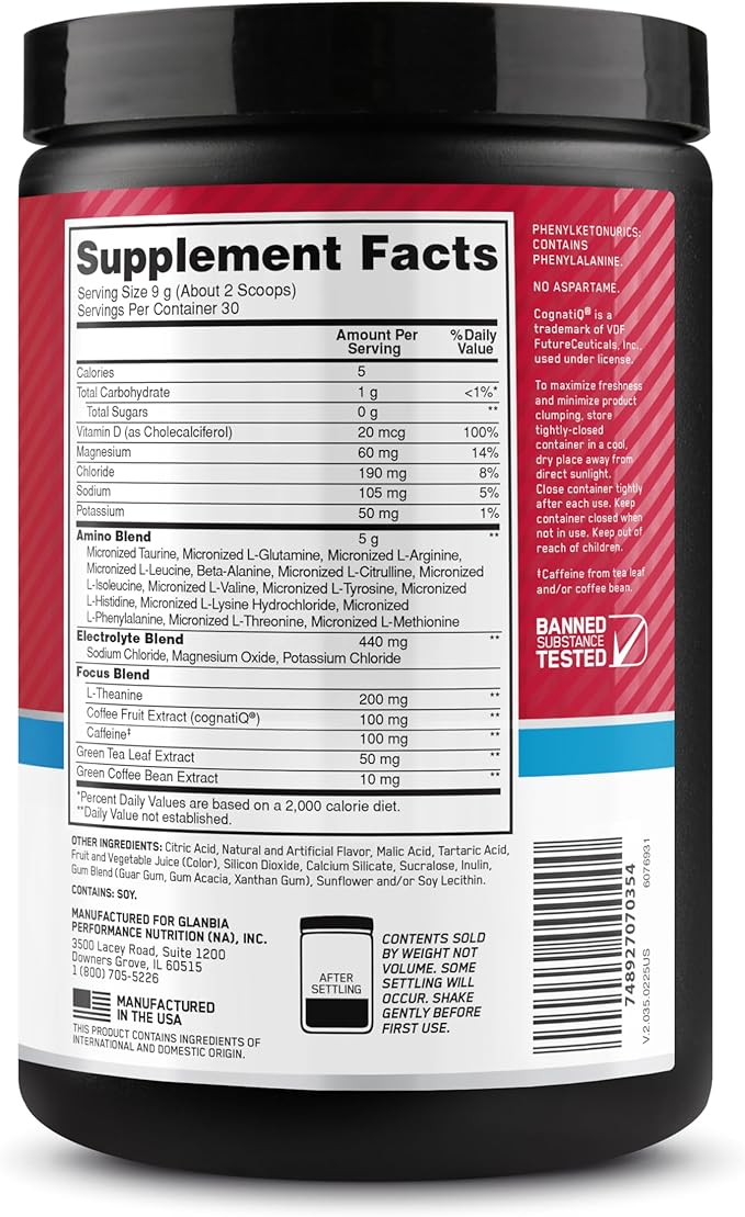 Optimum Nutrition Amino Energy Powder Plus Focus, with BCAA, Electrolytes, and Caffeine, Fruit Punch, 30 Servings (Packaging May Vary)