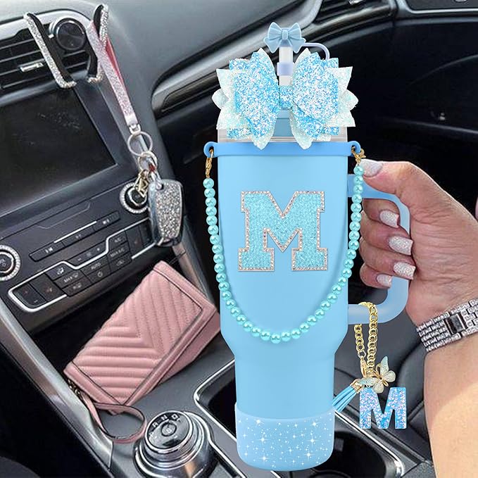 9PCS Blue for Stanley Cup Accessories Set Bling Initials Bow Charms for Stanley Decorations 30/40 Oz Tumbler Accessories Including Bow Straw Topper, Handle Strap, Spill Stopper（Letter M）