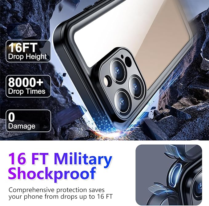 Temdan Compatible with iPhone 16 Pro Max Case Waterproof, Built-in Screen & Camera Protector IP68 Underwater Full Body 16FT Military Dropproof Shockproof Phone Case 6.9"-Black/Clear