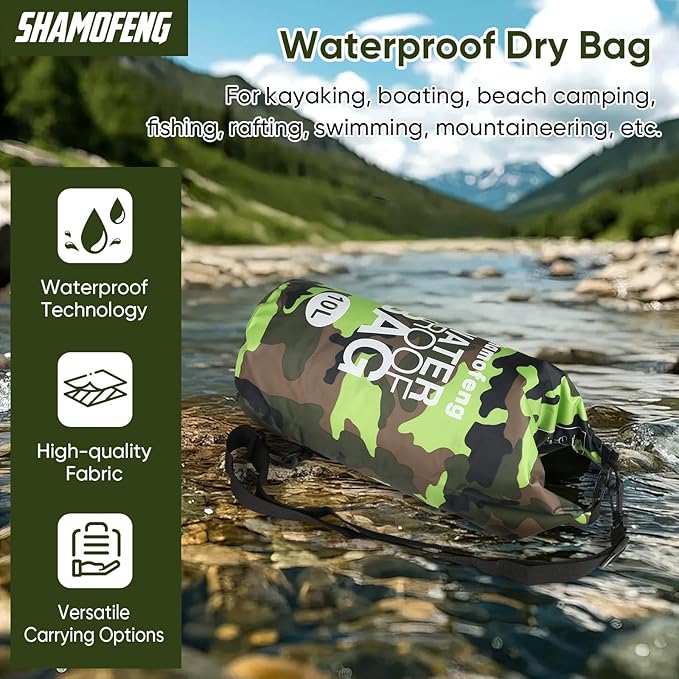 Waterproof Dry Bag 5L/10L/15L/20L/30L Roll Top Dry Storage Backpack with Phone Case, Collapsible Water Bottle, Sunglasses, Ear Band for Kayaking Boating Swimming Fishing Camping, Green 20L