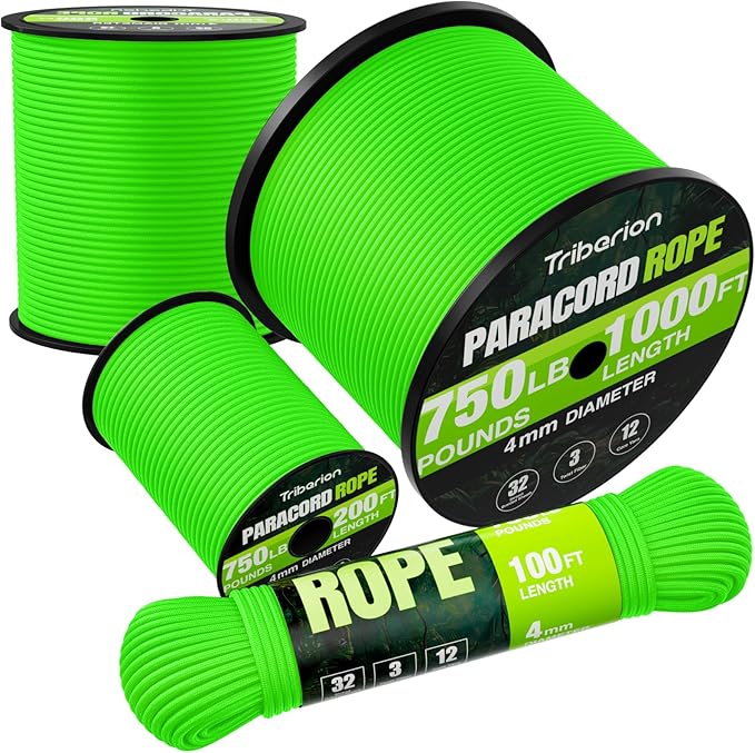 Paracord Rope 750 lb - 1000ft 5/32" Parachute Cord 4MM 12-Strand para Cord - Heavy Duty Spool String for Survival,Camping Gear, Survival Bracelet, Clothesline - Neon Green