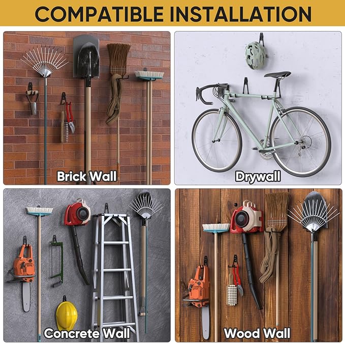 TICONN 2 Pack Heavy Duty Garage Hooks, Steel Utility Wall Storage Hooks, Wall Mount Hanger Organizer for Ladders, Bikes, Tools, Bulky Items (Medium, Black Square)