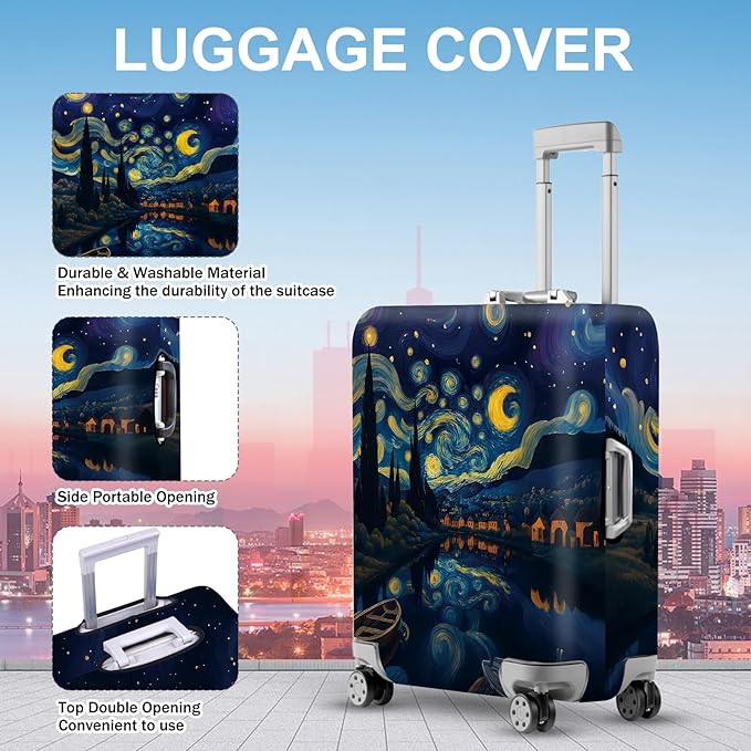 ANNA QUEEN Starry Night Art Luggage Cover, Van Gogh Inspired Suitcase Protector, Washable Stretchable Travel Sleeve for 28-30 Inch Luggage