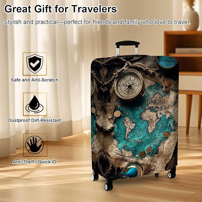 Luggage Cover Protector for 26-28 Inch Suitcases, TSA Approved Elastic Travel Suitcase Covers, Anti-Scratch Washable Luggage Sleeve for Carry On & Checked Bags, Ancient Map