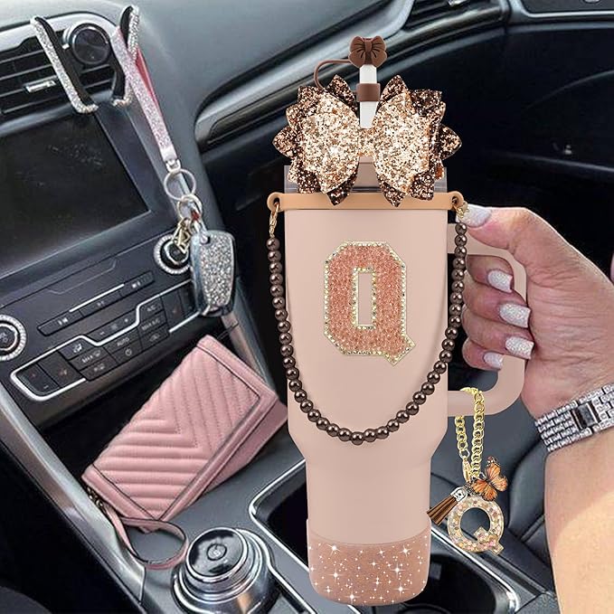 9PCS Brown for Stanley Cup Accessories Set Bling Initials Bow Charms for Stanley Decorations 30/40 Oz Tumbler Accessories Including Bow Straw Topper, Handle Strap, Spill Stopper（Letter Q）