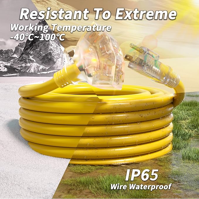 PlugSaf 1 FT 12/3 Gauge Outdoor Extension Cord with Multiple Outlets Light Indicator, Flexible Weatherproof 3 Outlet Heavy Duty Extension Cord Waterproof Yellow, 15A 1875W 12AWG SJTW, ETL Listed