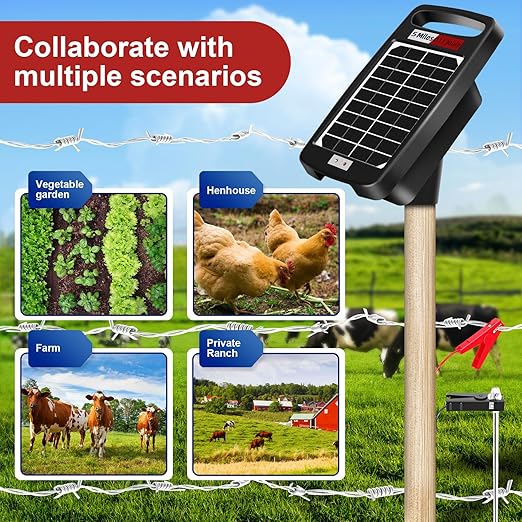5 Miles Solar Powered Electric Fence Charger – 0.11J Output, 24/7 Day/Night Protection, Portable Fence Energizer for Dogs, Chickens, Garden & Livestock, Rechargeable Solar Panel, Rugged & Waterproof