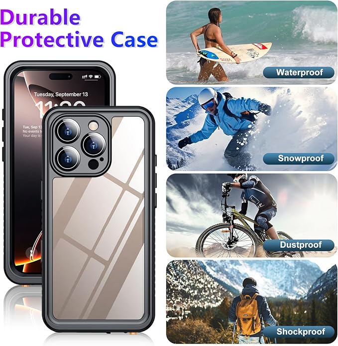 Temdan Compatible with iPhone 16 Pro Max Case Waterproof, Built-in Screen & Camera Protector IP68 Underwater Full Body 16FT Military Dropproof Shockproof Phone Case 6.9"-Black/Clear