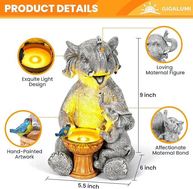 GIGALUMI Solar Garden Statues Bird Bath Elephant 9", Loving Elephant Decor, Yard Decorations Outdoor, Elephant Figurine Lights for Outside, Garden Decor Unique Housewarming Gifts for Women, Mom