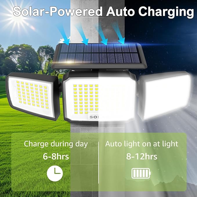 DAMINY Solar Security Light with Motion Sensor,Super Bright LED,Solar-Motion Lights Outdoor Waterproof,Easy Install,3 Heads 270°Wide Angle Flood Light with 3 Lighting Modes-4 Pack