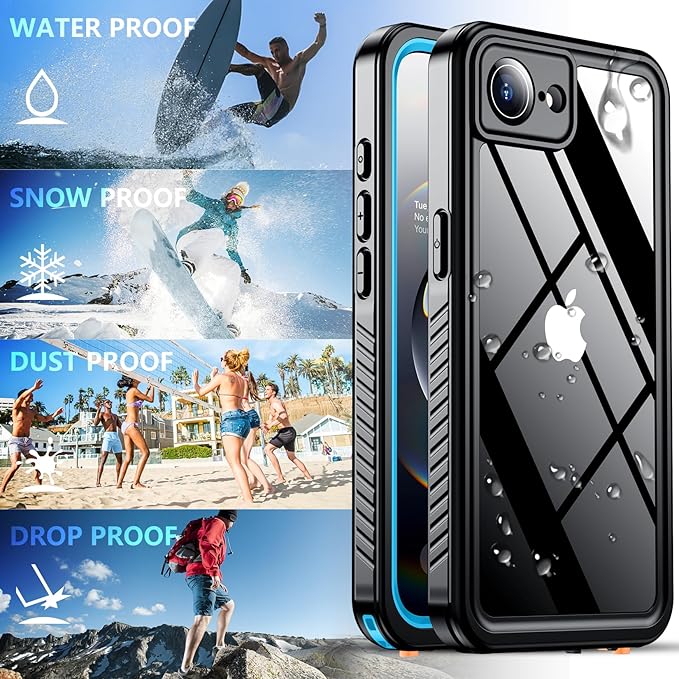 SPIDERCASE for iPhone 16e Case/iPhone 17e Case Waterproof,Built-in Screen & Camera Lens Protector[IP68 Underwater] Full Body Protection Phone Case for iPhone 16e/iPhone 17e 6.1'', Blue/Clear