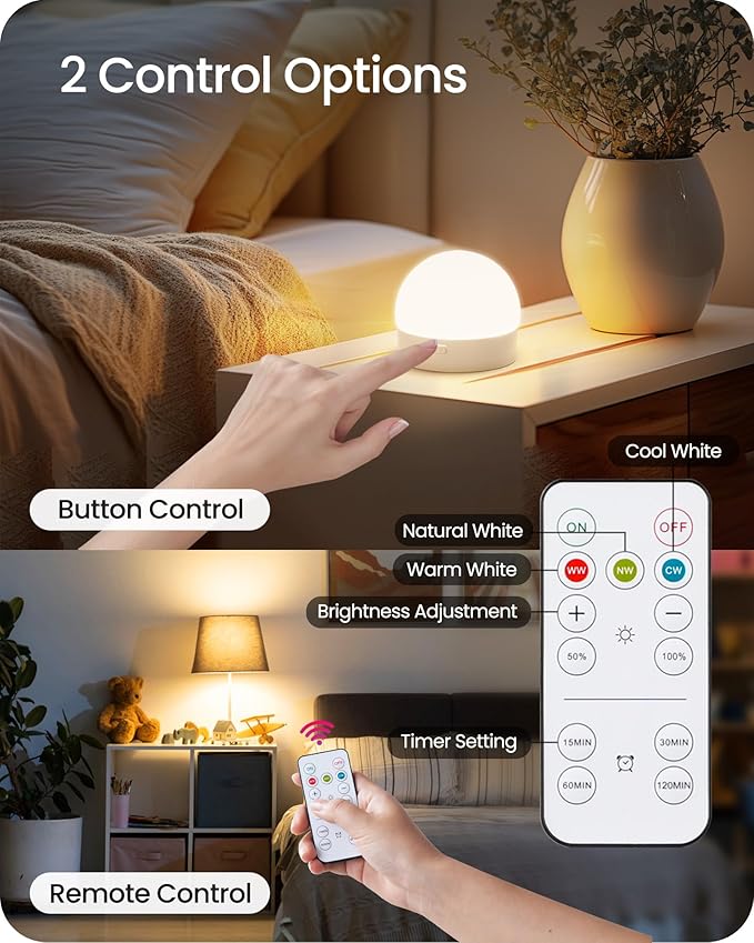 Rechargeable Light Bulbs with Remote Control 4 Packs, Battery Operated Light Bulbs with Timer & 3 Color Temperature, Dimmable Detachable Wireless LED Bulb for Lamp, Non-Hardwired, W01YBP406