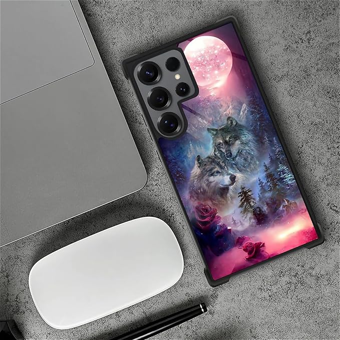 for Samsung Galaxy S25 Ultra Case,Graphic Design for Girl Boy Soft Silicone Hard Acrylic Shock Protection Designed for Samsung Galaxy S25 Ultra Star Two Wolfs Howling Pattern