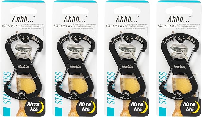Nite Ize Ahhh... Stainless Bottle Opener - Keychain with S-Biner Functionality - Heavy-Duty Dual Bottle Opener Carabiner - Keychain Accessories - Black, 4 Count (4 Pack)