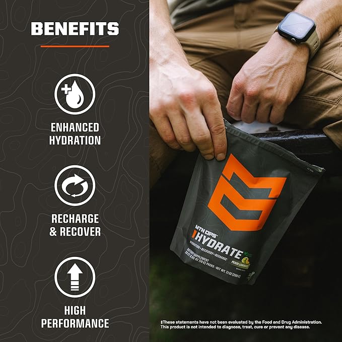 MTN OPS Hydrate Low Sugar Electrolyte Powder Drink Mix with 1g D-Ribose Sugar, Naturally Sweetened with Monk Fruit, On-The-Go Packs, 20 Stick Packs, Peach Lemonade