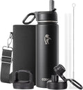 Coolflask Water Bottle 24 oz Insulated with Straw, Stainless Steel Metal 3 Lids Water Flask Wide Mouth for Sports or Office, Non-BPA Keep Cold Up to 48 Hrs or Hot Up to 24 Hrs, Magic Black