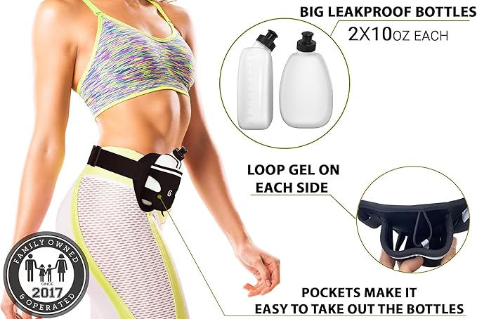 Q-RUN Hydration Running Belt with 2 x 10oz Water Bottles, No Bounce Adjustable Waist Belt for Men & Women, Marathon Running Gear