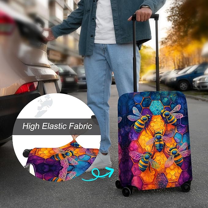 Luggage Cover Protector for 26-28 Inch Suitcases, TSA Approved Elastic Travel Suitcase Covers, Anti-Scratch Washable Luggage Sleeve for Carry On & Checked Bags, Illustration of Bees