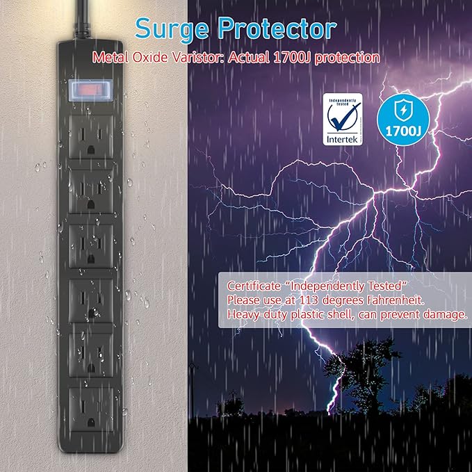 Outdoor Power Strip Waterproof with 6 Outlets, Garden Weatherproof Surge Protector, Christmas Multiple Outlet Exterior Socket for Lighting Appliances. 10FT Extension Cord Strip with Flat Plug. Black
