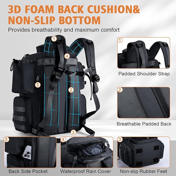 Goture Fishing Backpack, 900D Water-Resistant Tackle Backpack with Rod Holders, 58L Large Storage Gear Fishing Tackle Bag with Detachable Crossbody Bag,8 Lure Pockets,Bottle Holder for Camping Hiking