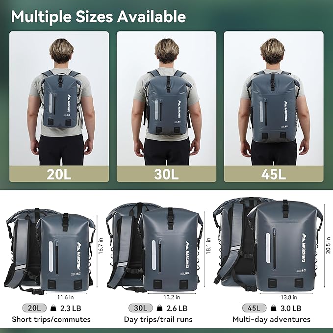 MARCHWAY Roll Top Waterproof Backpack, Floating Dry Bag 20L/30L/45L with Ergonomic Rectangular Base, Cushioned Back, Hip Strap for Hiking Camping Kayaking Travel (Grey, 45L)