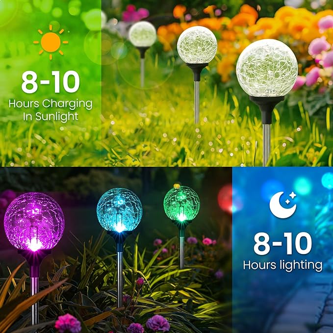GIGALUMI Solar Garden Lights 3 Pack, Solar Lights Outdoor Decorative Waterproof, Outdoor Solar Lights for Yard Decorations, Multi-Colored Changing Garden Globe Cracked Glass Ball with LED Lights