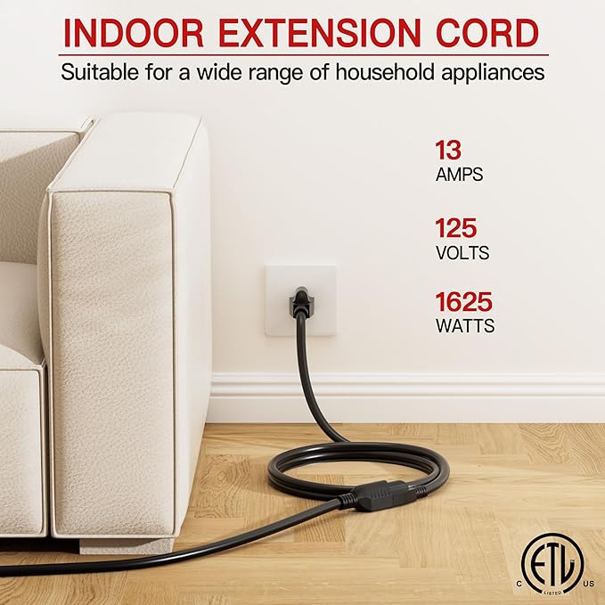 16/3 Short Extension Cord 3 FT, Black Extension Cord Flexible & Durable, Indoor 3 Prong Power Cable, Suitable for Home and Office, 13 Amp 1625 Watt 125VAC 16AWG, ETL Listed